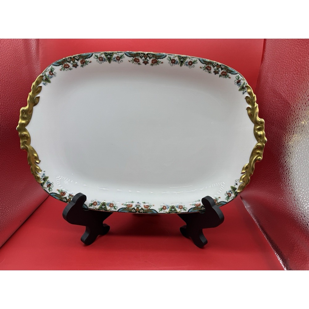 JPL Pouyat Limoges 17" Platter Tray Hand Painted Flowers w/Gold France
